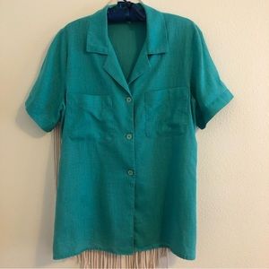 Richard Evans Vtg Button Front Greenish-Blue Womens Short Slv Blouse Shirt Sz 10
